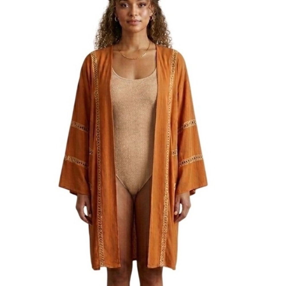 TRIS Design Cardigan Women Medium Orange Boho Crochet Lace Open Front‎ Kimono